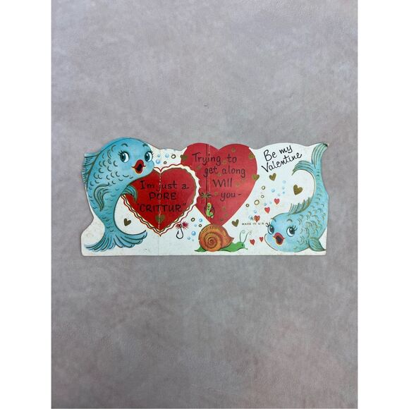 Vintage Valentine’s Day Card Anthropomorphic Fish Fisherman Ephemera - Picture 1 of 6